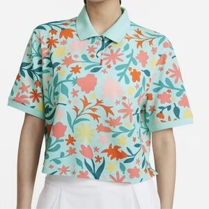 Nike Cropped Dri-Fit 2.0 Floral Pullover Golf Polo Dew Blue Shirt Sz Small